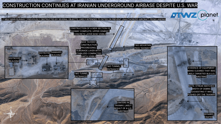 High-resolution satellite imagery from Planet Labs showing construction continues at Iran's Eagle 44 airbase that's built in the side of a mountain to protect fighter aircraft, drones, and missiles. Created by Ian Ellis-Jones and TWZ using Planet Labs imagery; reprinted with permission.