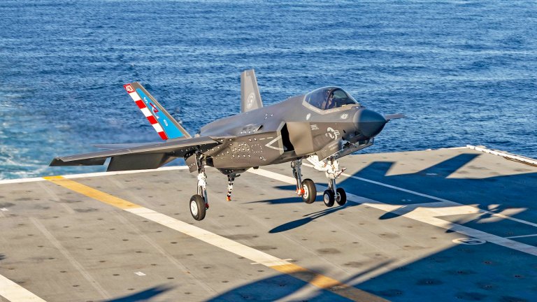 A U.S. Navy F-35C Lightning II, attached to the "Salty Dogs" of Air Test and Evaluation Squadron (VX) 23, makes an arrested landing on the flight deck aboard PCU John F. Kennedy (CVN 79), marking the first time an F-35C lands on a Ford-class aircraft carrier. John F. Kennedy is underway conducting Aircraft Compatibility Testing, which assesses the operational capabilities of the ship's aircraft launch and recovery equipment with U.S. Navy aircraft.
