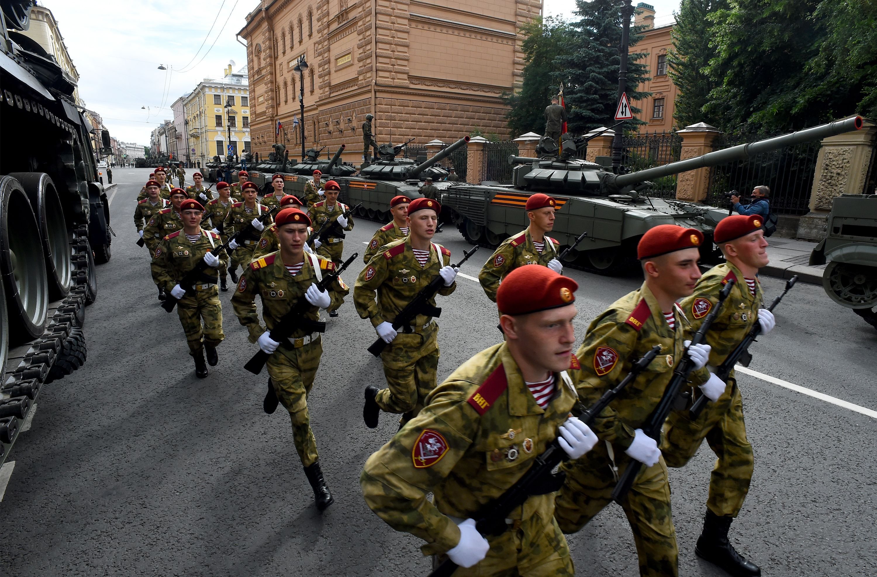 Russian servicemen take part in a rehearsal for the Victory Day parade in downtown Saint Petersburg on June 20, 2020. - Russia's President Putin on June 24 will preside over a massive military parade to mark Soviet victory in World War II, which was postponed due to the coronavirus pandemic. (Photo by OLGA MALTSEVA / AFP) (Photo by OLGA MALTSEVA/AFP via Getty Images)
