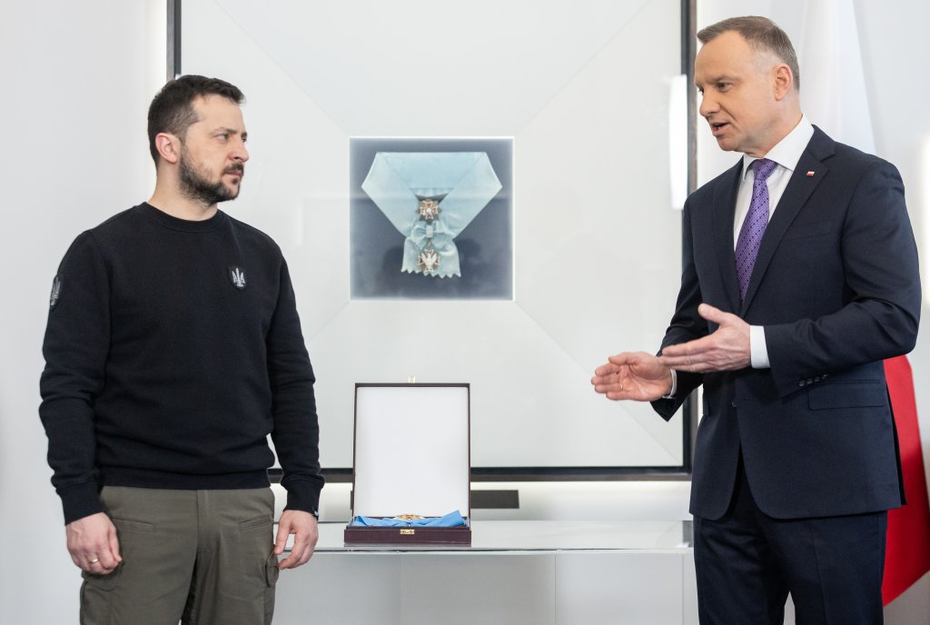 Volodymyr Zelenski, Andrzej Duda during first official visit of the Ukrainian presidential couple to Poland since Russia's invasion, of Ukraine, Zelenski was honoured with ''Order of the White Eagle'' in Warsaw, Poland on April 05, 2023. (Photo by Foto Olimpik/NurPhoto via Getty Images)