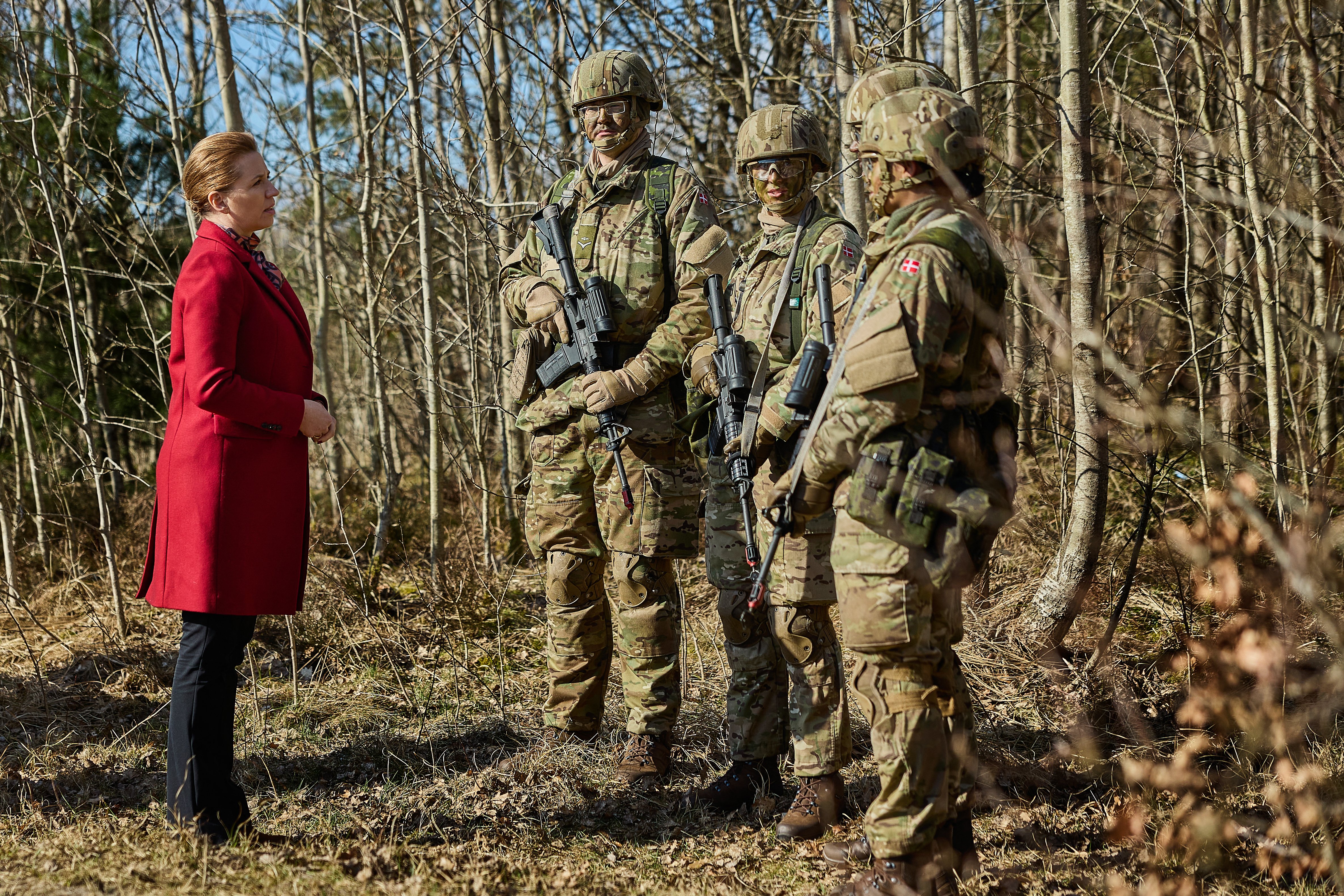Danish Prime Minister Mette Frederiksen meets conscripts during a visit to Air Base Karup, the main air base of the Royal Danish Air Force, in Jutland, Denmark on March 7, 2024. (Photo by Mikkel Berg Pedersen / Ritzau Scanpix / AFP via Getty Images) / Denmark OUT