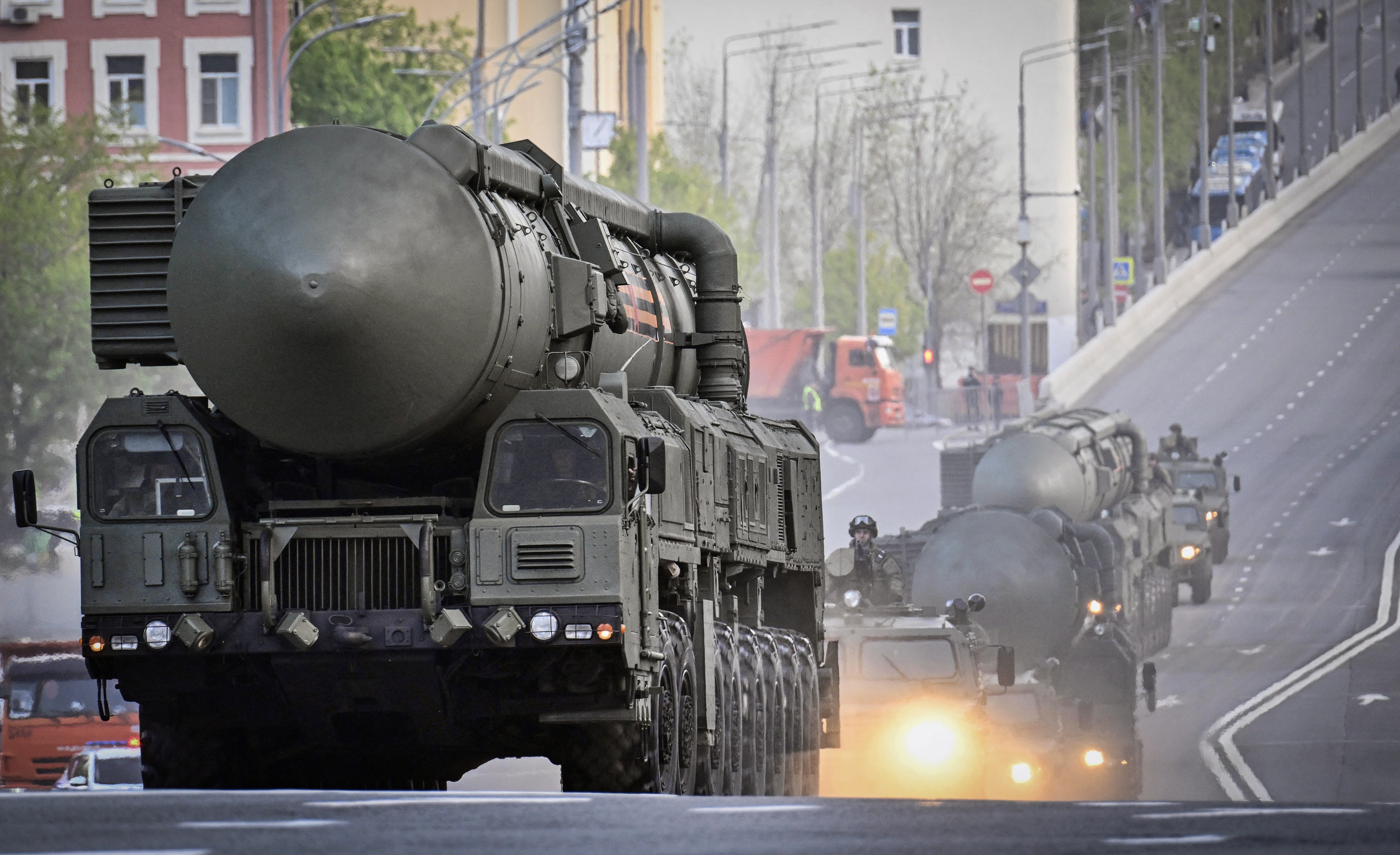 Russian Yars Intercontinental ballistic missiles (ICBM)s travel through central Moscow during a rehearsal for the Victory Day parade where Russia will celebrate the 80th anniversary of the 1945 defeat of Nazi Germany, on May 3, 2025. Russia will mark "Victory Day" on May 9 with a huge military parade of troops and hardware on Red Square, presided over by President Vladimir Putin. (Photo by Alexander NEMENOV / AFP) (Photo by ALEXANDER NEMENOV/AFP via Getty Images)