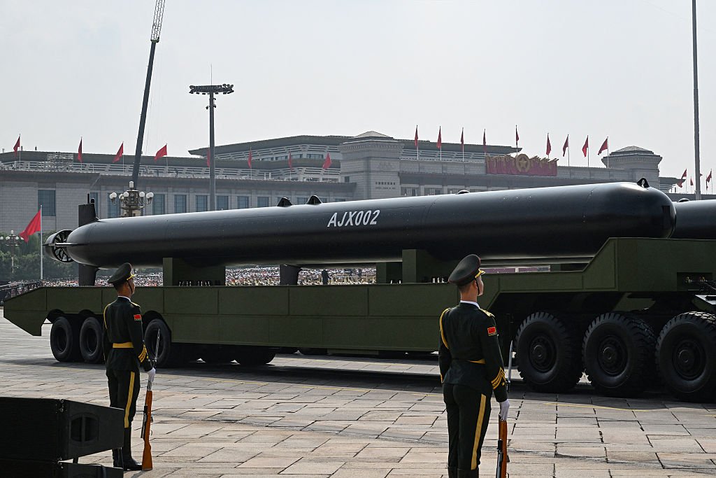 An AJX002 unmanned underwater vehicles is seen during a military parade marking the 80th anniversary of victory over Japan and the end of World War II, in Beijing's Tiananmen Square on September 3, 2025. (Photo by Greg Baker / AFP) (Photo by GREG BAKER/AFP via Getty Images)