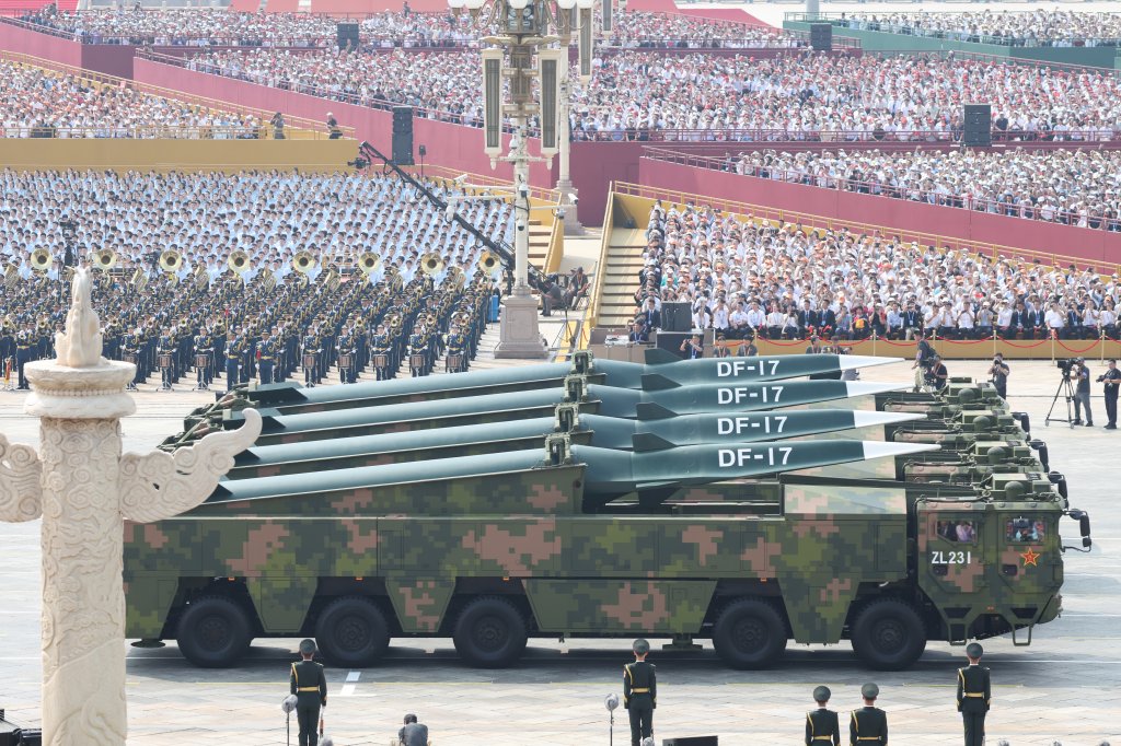  DF-17 medium-range hypersonic ballistic missiles of the hypersonic missile formation attend V-Day military parade to commemorate the 80th anniversary of the victory in the Chinese People's War of Resistance against Japanese Aggression and the World Anti-Fascist War on September 3, 2025 in Beijing, China. (Photo by Sheng Jiapeng/China News Service/VCG via Getty Images)