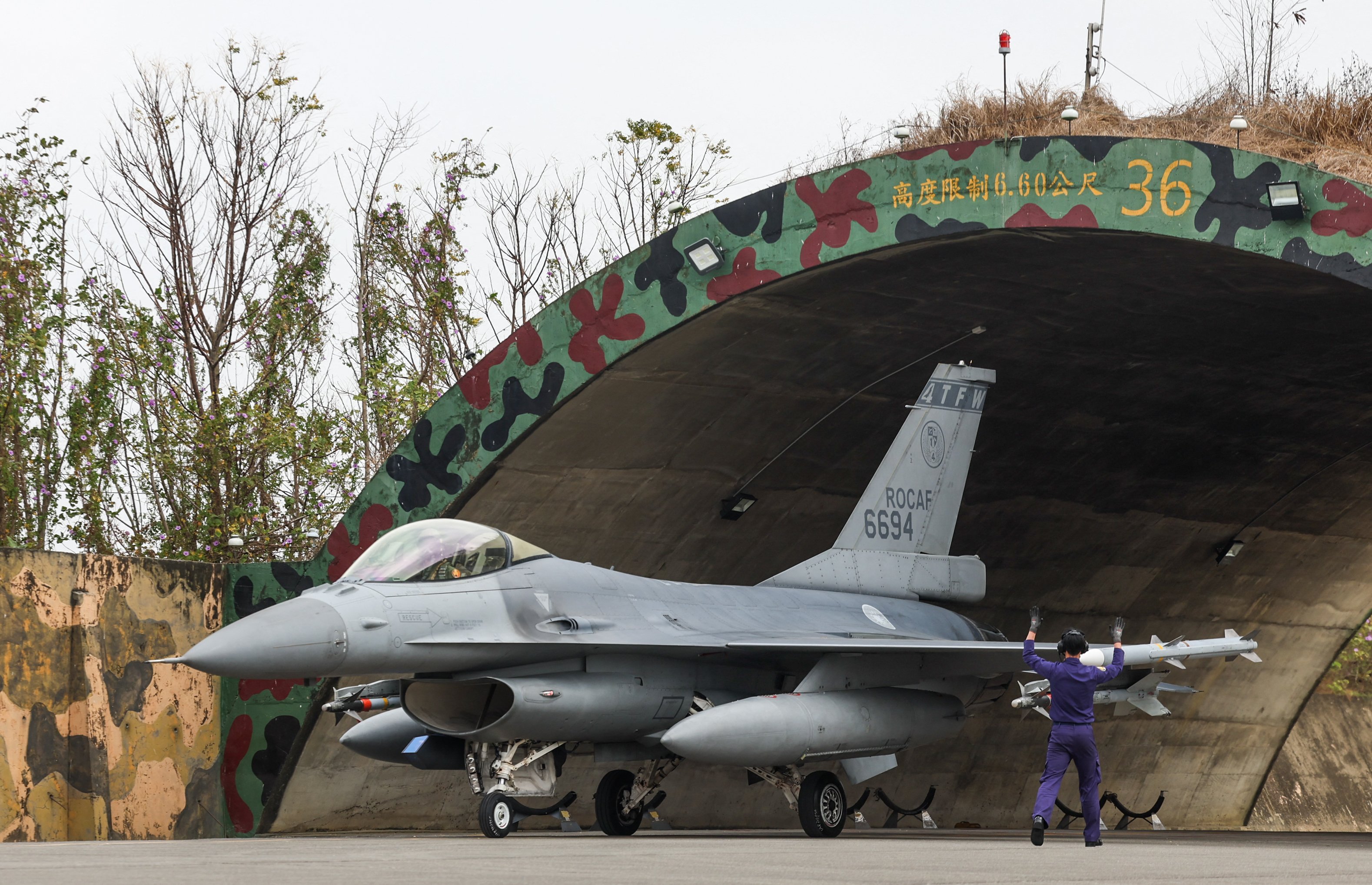 A Taiwan Air Force F-16V taxis out during a spring military exercise at Chiayi Air Base, in Chiayi on January 28, 2026. (Photo by I-Hwa Cheng / AFP via Getty Images)