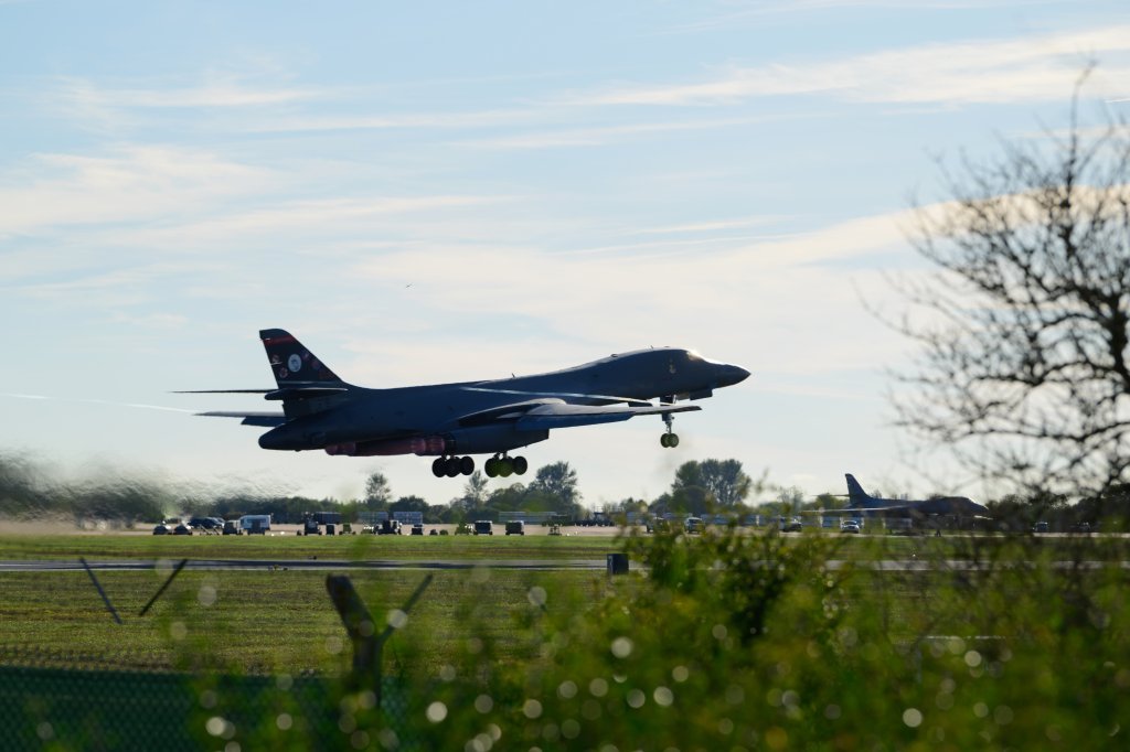  A Rockwell B1 Lancer heavy bomber takes off from runway 27 to depart for home at RAF Fairford on October 04, 2026 in Fairford, United Kingdom. Around a dozen US B-1B Lancer bombers remain stationed at RAF Fairford in Gloucestershire, following a significant military drawdown late last month that saw six B-52 Stratofortress bombers return across the Atlantic. The heavy aircraft are part of an American forward strike force that has used the Gloucestershire airfield to conduct missions against Iranian capabilities, with total aircraft numbers at the Gloucestershire hub previously peaking between 21 and 23 strategic bombers earlier this year. (Photo by David Bown/Getty Images)