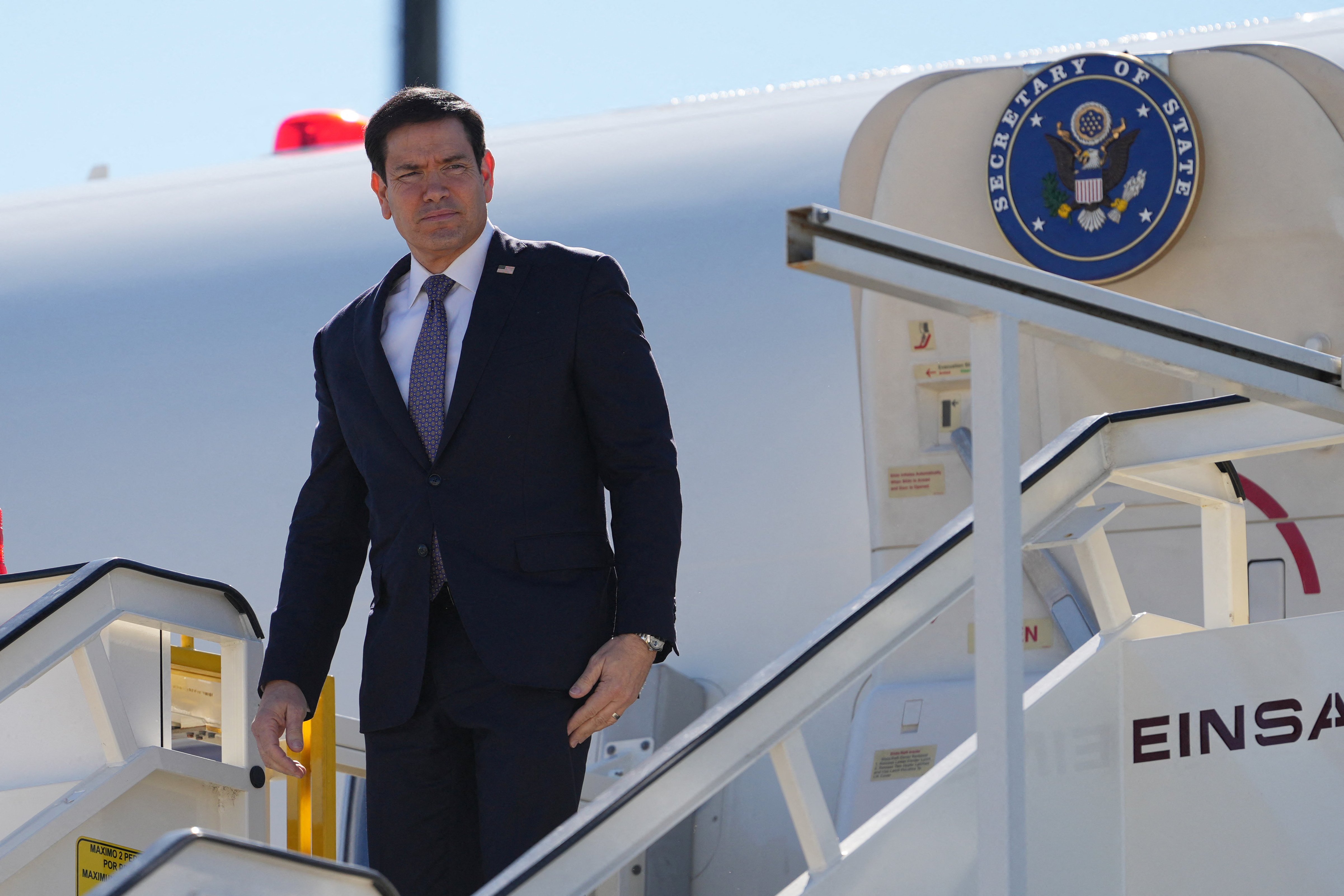 US Secretary of State Marco Rubio disembarks from a plane upon arrival at Lisbon Airport during a three-country European tour, in Lisbon on October 8, 2026. (Photo by Mark Schiefelbein / POOL / AFP via Getty Images)