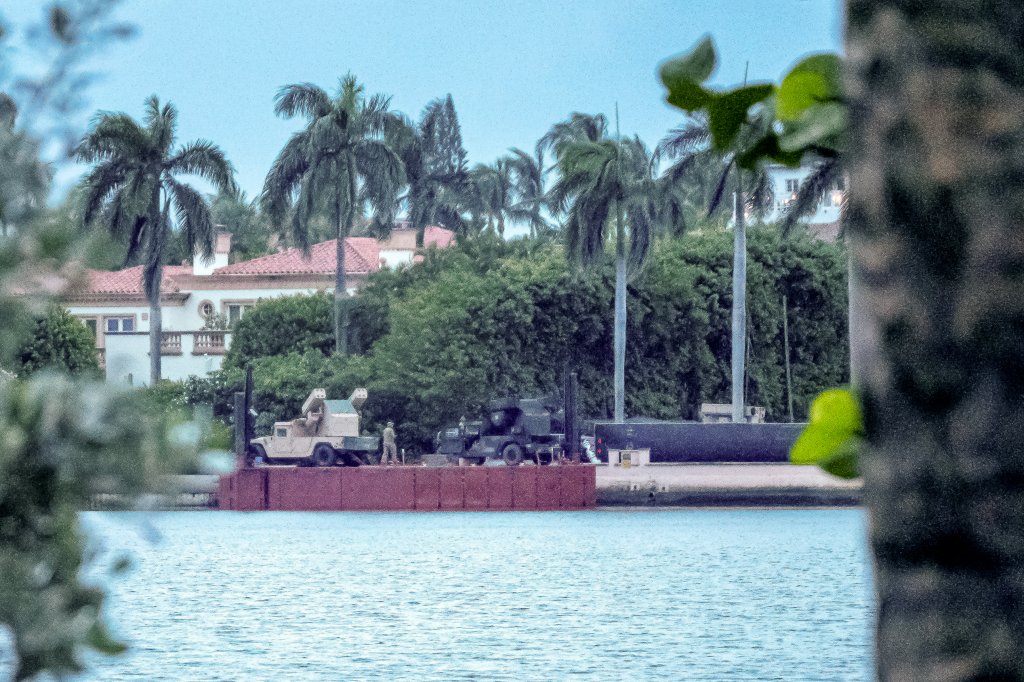 Military air defense equipment is seen at Mar-A-Lago in West Palm Beach, United States, on October 16, 2026, ahead of President Trump's first landing at the newly renamed President Donald J. Trump International Airport. He is scheduled to host a Republican National Committee (RNC) fundraising event at Mar-A-Lago. (Photo by Christopher Beckett/NurPhoto via Getty Images)