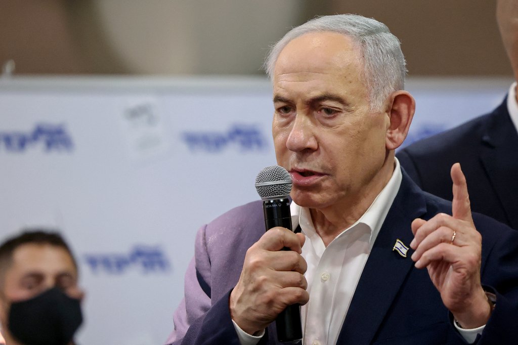 Israel's Prime Minister Benjamin Netanyahu speaks to his supporters during a Likud Party meet-and-greet held as part of the campaign ahead of Israel's legislative election, at King Solomon Hotel in Netanya on October 22, 2026. Israel heads to the polls on October 27 in its first election since the October 7, 2023 Hamas-led attack, in what is seen as a referendum on the prime minister. (Photo by JACK GUEZ / AFP via Getty Images)