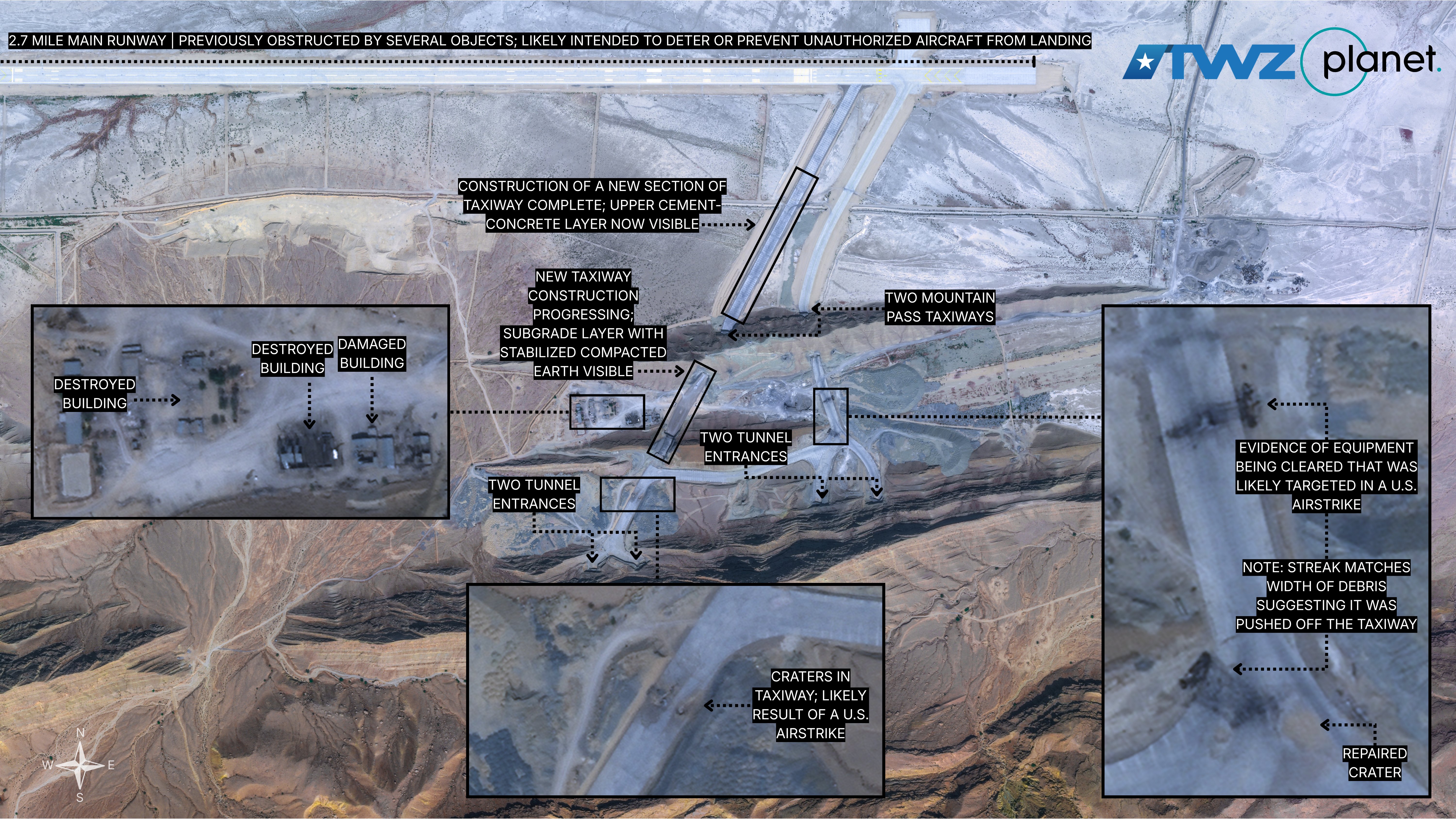 A comprehensive graphic showing Iran's Eagle 44 mountain airbase and the ongoing construction to rebuild it following U.S. airstrikes. Created by Ian Ellis-Jones and TWZ using Planet Labs imagery that's reprinted with permission.