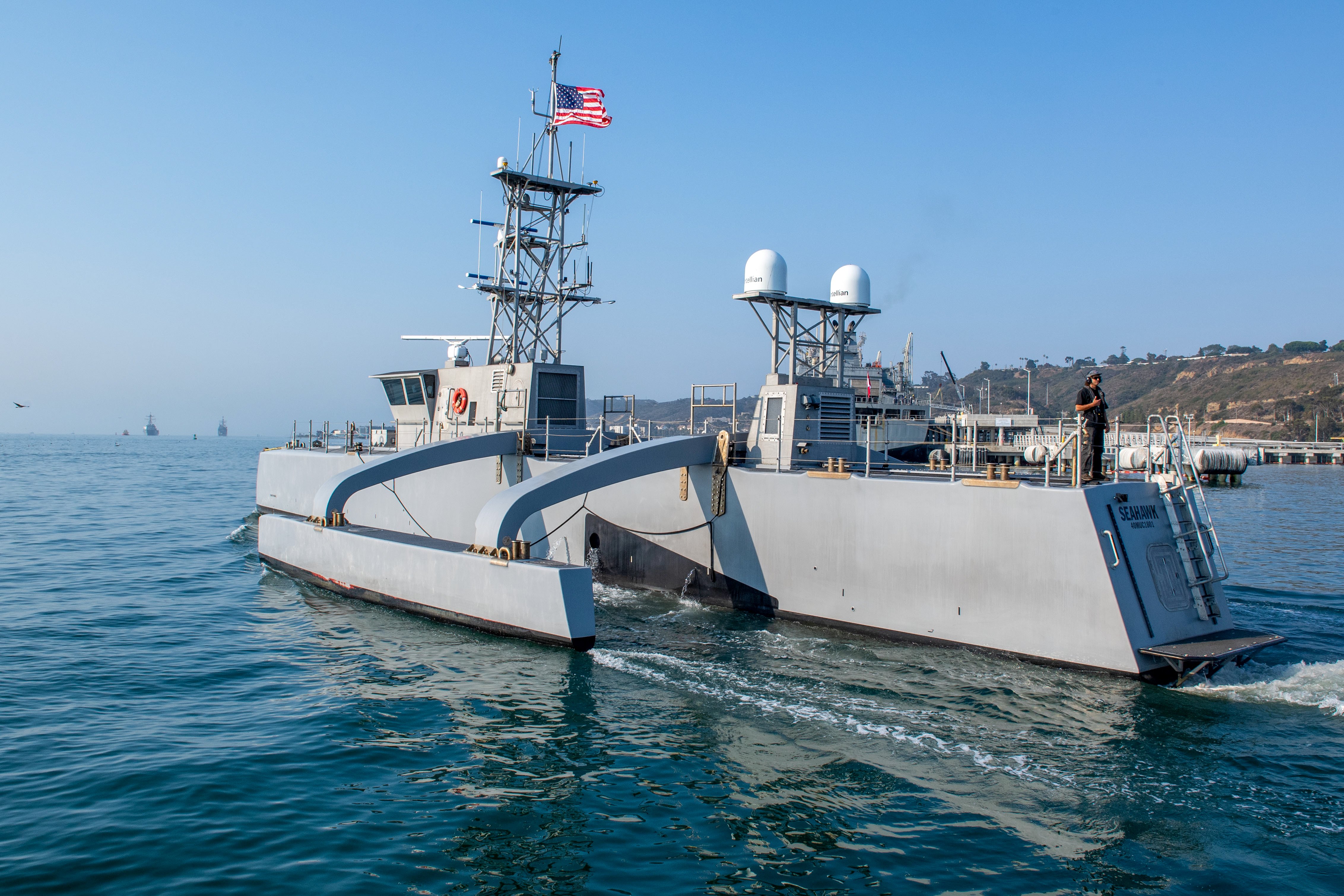 Seahawk, a Medium Unmanned Surface Vessel (MUSV) prototype, departs Naval Base Point Loma, California, Aug. 6. Seahawk is a fully unmanned and autonomous vessel operated by Unmanned Surface Vessel Squadron (USVRON) 1 and Naval Information Warfare Center Pacific in support of technology development, testing and evaluation. The surface force is integrating unmanned vessels into the fleet. (U.S. Navy photo by Mass Communication Specialist 1st Class Robert Zahn)
