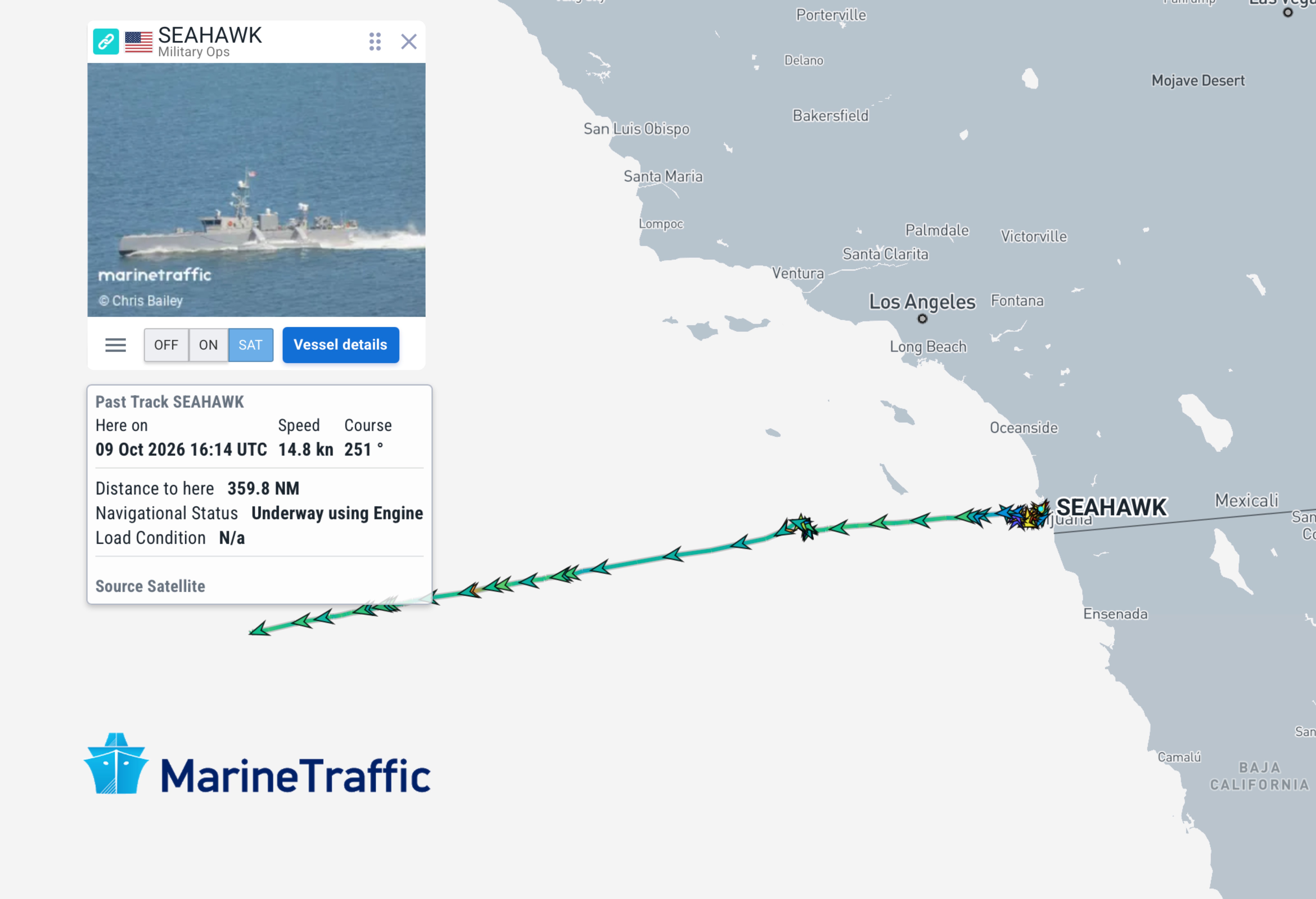 Graphic created by Ian Ellis-Jones and TWZ showing MUSV Seahawk's transit leaving San Diego on October 8. Reprinted with permission from MarineTraffic and KPLER.