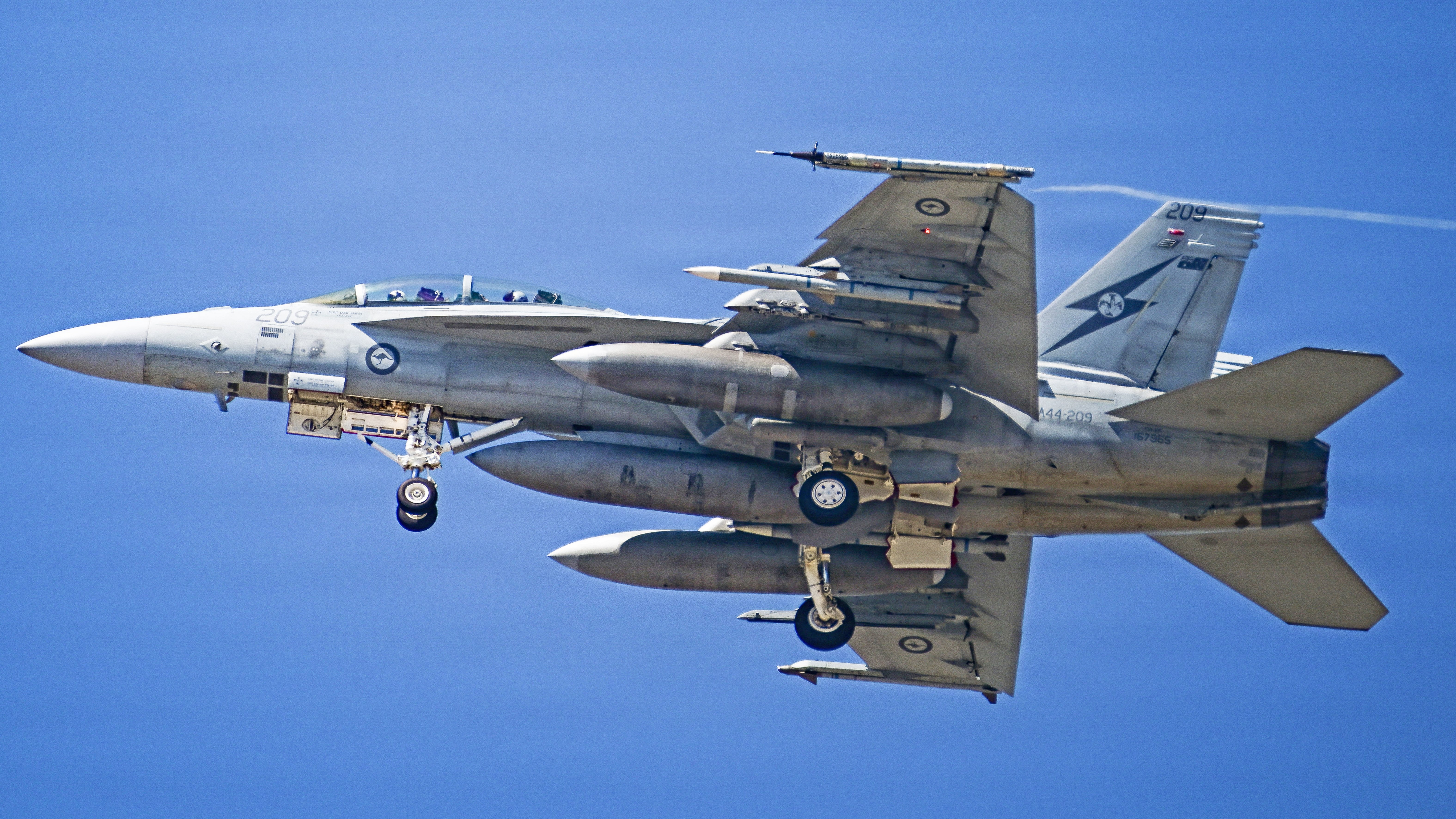 A Royal Australian Air Force F/A-18F Super Hornet assigned to No. 1 Squadron takes flight at Naval Base Ventura County Point Mugu during Gray Flag 2026, Sept. 11, 2026. Gray Flag is the naval aviation test community’s premier large-force test event, providing unique venues for large-scale integration of new capabilities across services and platforms. Working with the Joint Force, industry and our nation’s allies to ensure integration and interoperability is key to ensuring warfighters have a decisive advantage in the field. (U.S. Navy photo by Dana Rene White)