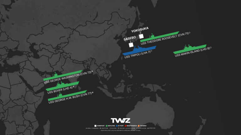 TWZ’s weekly carrier tracker monitoring America’s flattop fleet, including deployed CSGs and Amphibious Ready Groups (ARG), using publicly available open-source information. Created by Ian Ellis-Jones