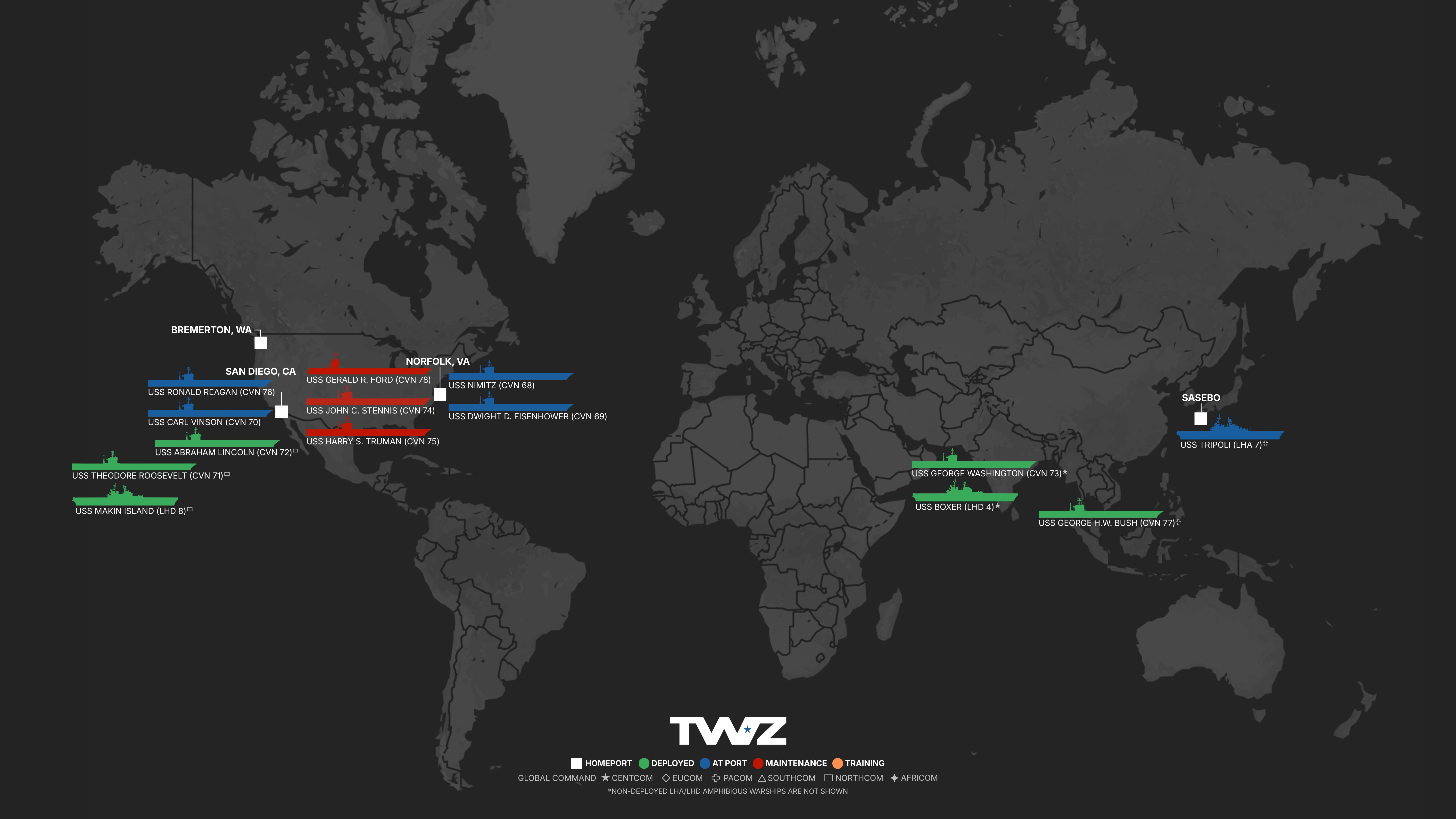 A custom graphic and visual created by TWZ and Ian Ellis-Jones showing the status and position of America's fleet of eleven aircraft carriers and deployed amphibious ready groups.