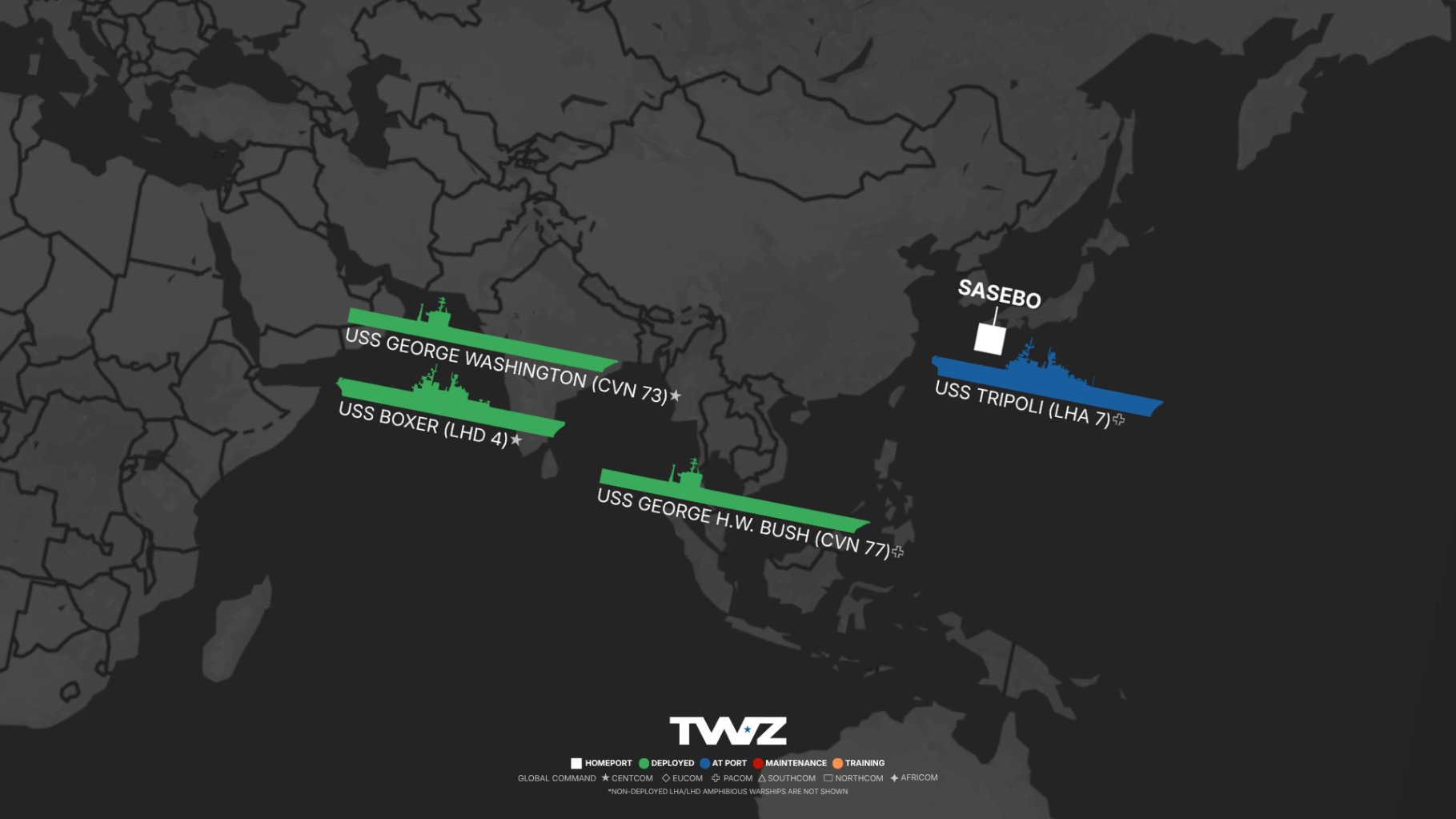 TWZ’s weekly carrier tracker monitoring America’s flattop fleet, including deployed Carrier Strike Groups (CSG) and Amphibious Ready Groups (ARG), using publicly available open-source information.
