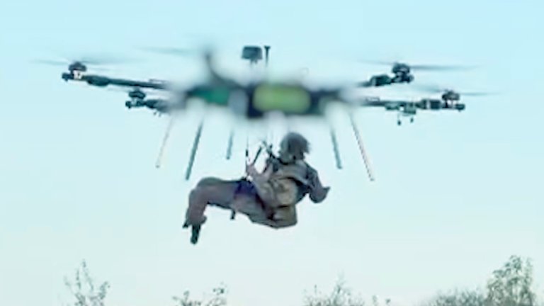 Footage released by the Armed Forces of Ukraine (AFU) on 19 October 2026 shows a single soldier securing himself to a large six-armed multicopter UAV before being flown to safety by personnel located in a remote operating station.