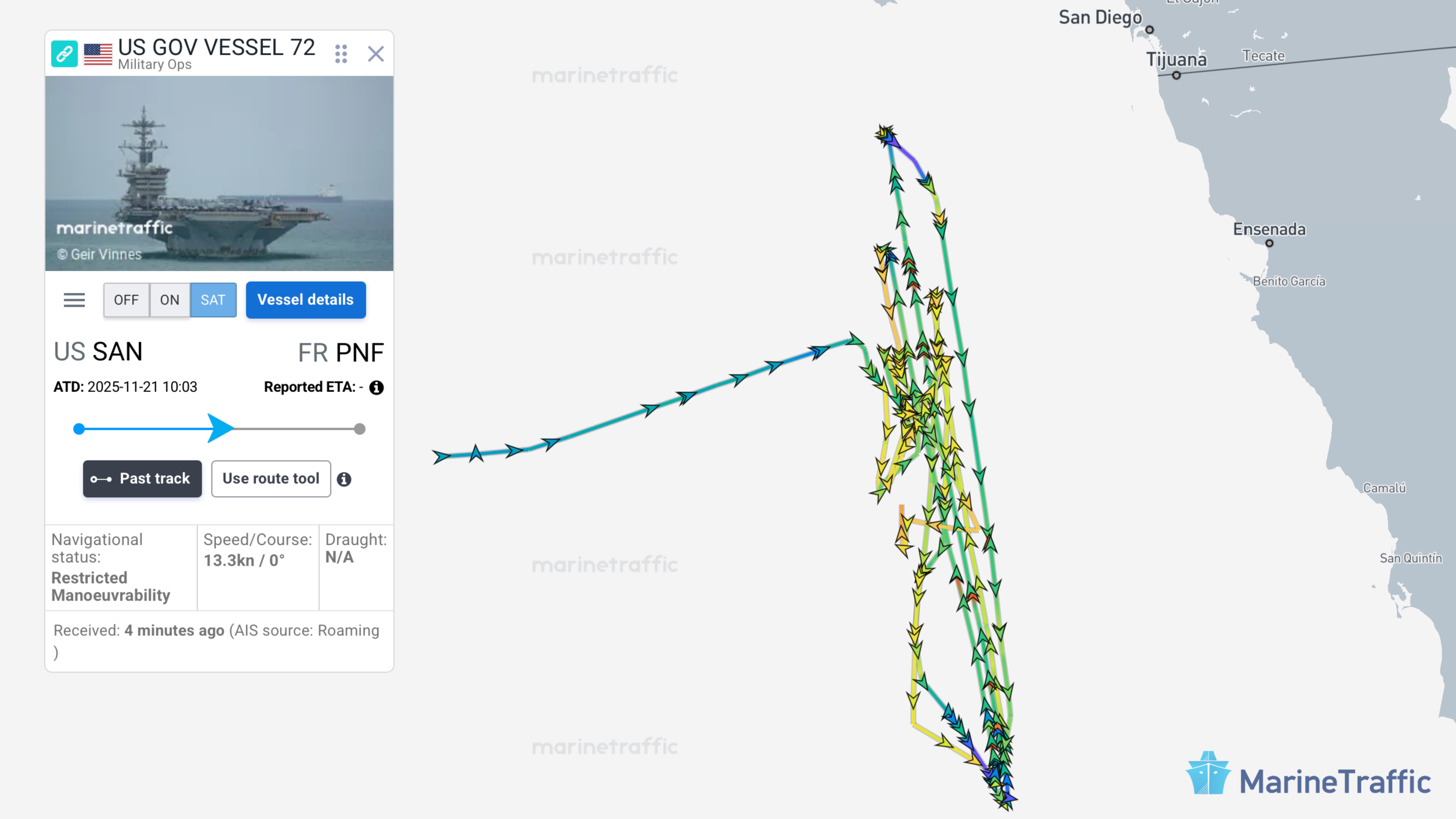 Aircraft carrier USS Abraham Lincoln has returned from a 10 month deployment to the Middle East and currently off the coast of California. Source: MarineTraffic; reprinted with permission.