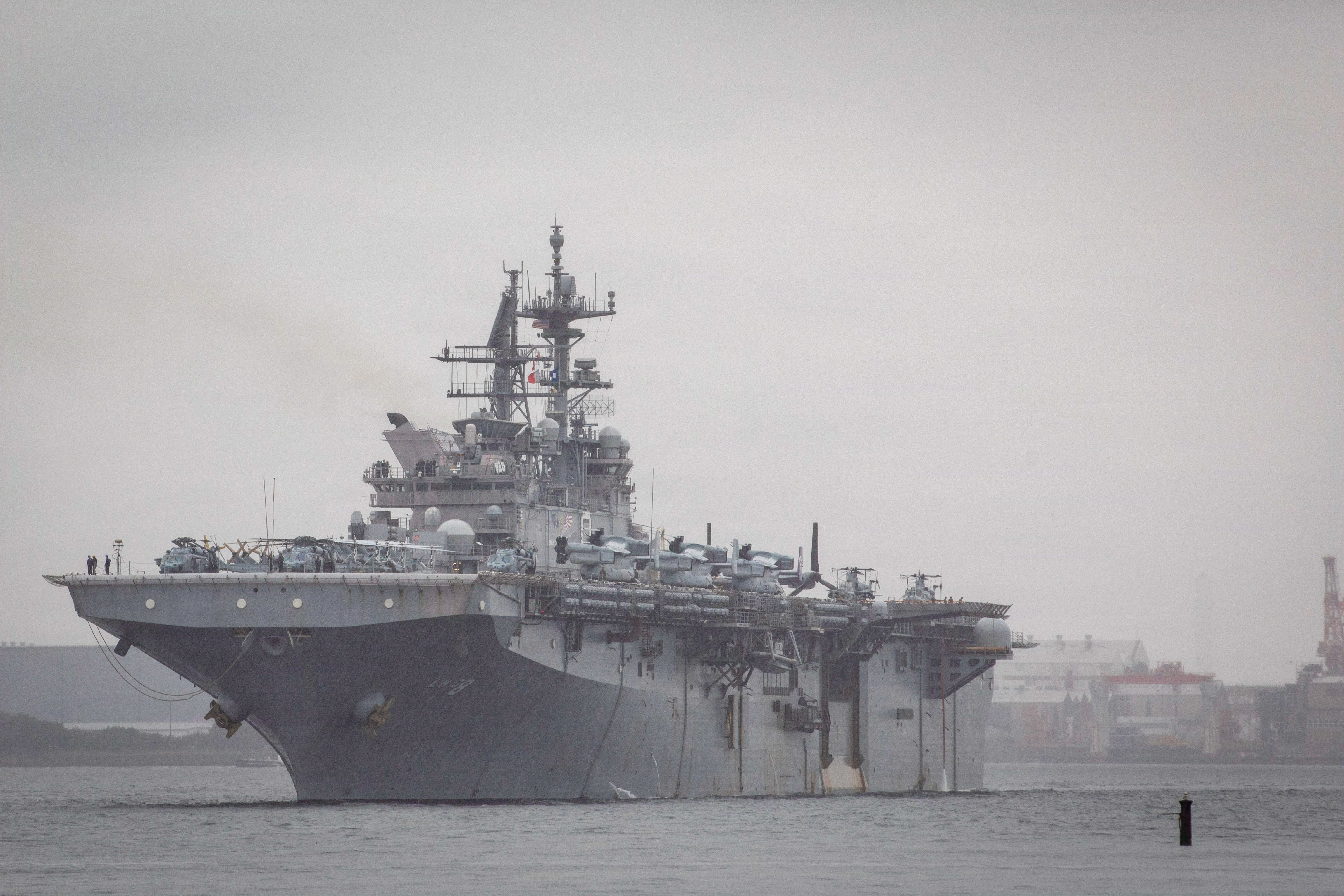 Wasp-class amphibious assault ship USS Makin Island (LHD 8) pulls in to Commander, Fleet Activities, Yokosuka, Japan, Oct. 26, 2026. U.S. 7th Fleet, the Navy's largest forward-deployed numbered fleet, routinely interacts and operates with allies and partners in preserving a free and open Indo-Pacific. (U.S. Navy Photo by Mass Communication Specialist 1st Class Caitlin Flynn)