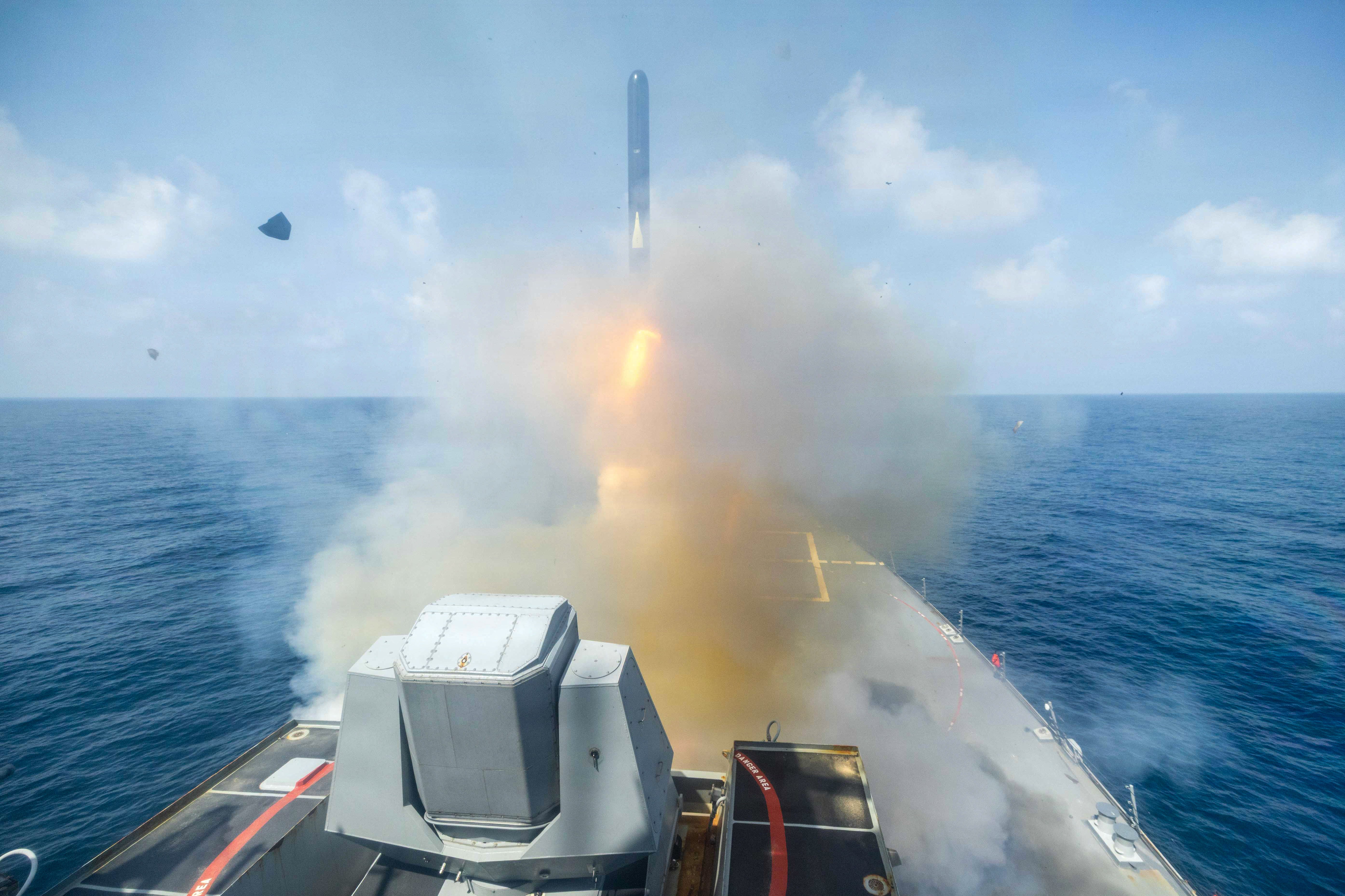 Arleigh Burke-class guided-missile destroyer USS Spruance (DDG 111) fires a Tomahawk Land Attack Missile (TLAM) in support of Operation Epic Fury, Feb. 28, 2026. (U.S. Navy photo)