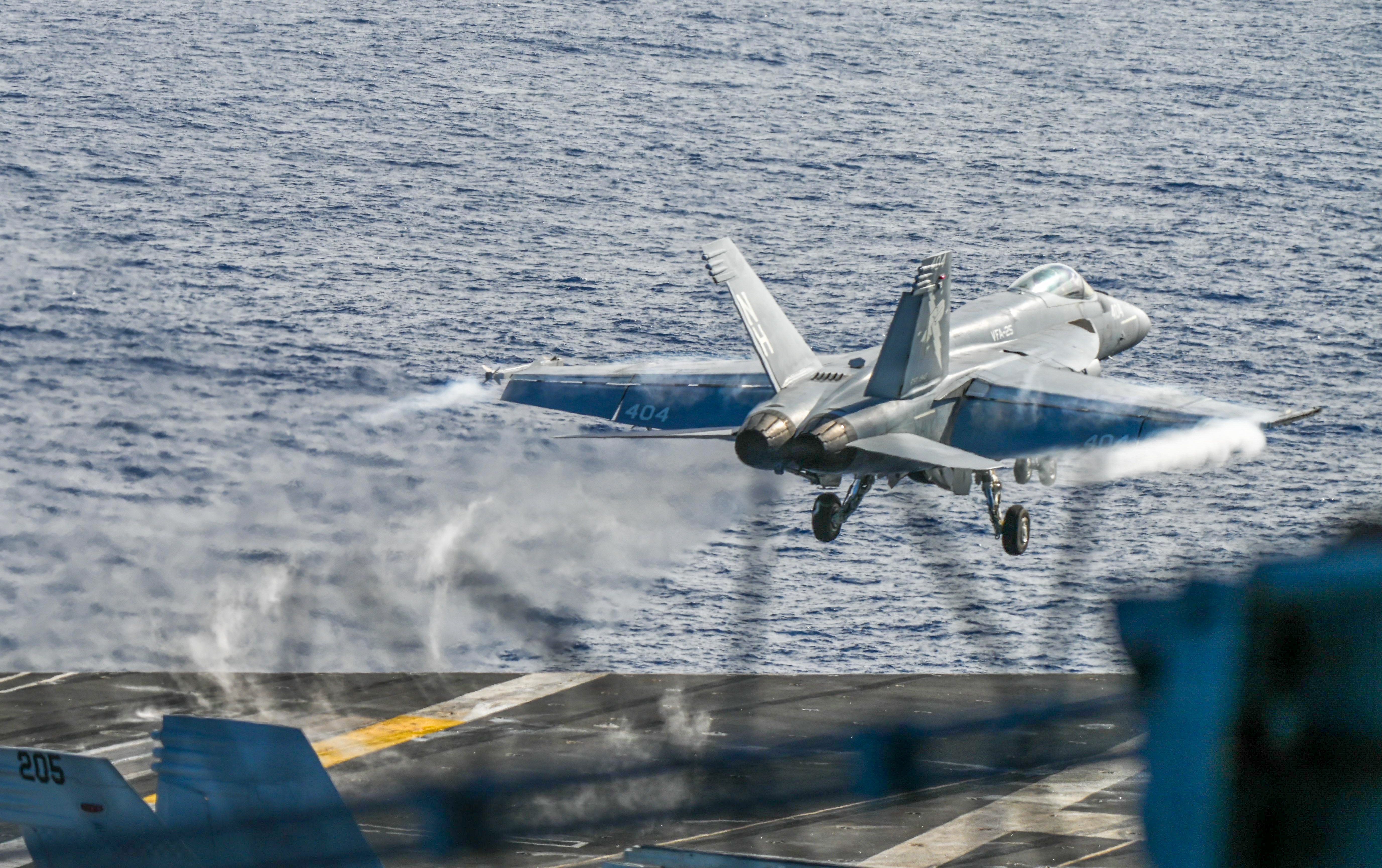 An F/A-18E Super Hornet, assigned to Strike Fighter Squadron (VFA) 25, launches off the flight deck of Nimitz-class aircraft carrier USS Theodore Roosevelt (CVN 71), Oct. 20, 2026. Theodore Roosevelt, flagship of Carrier Strike Group (CSG) 9, is underway conducting routine operations in the U.S. 7th Fleet area of operations, demonstrating the U.S. Navy’s commitment to a free and open Indo-Pacific. (U.S. Navy Photo by Mass Communication Specialist Seaman Kellie Given)