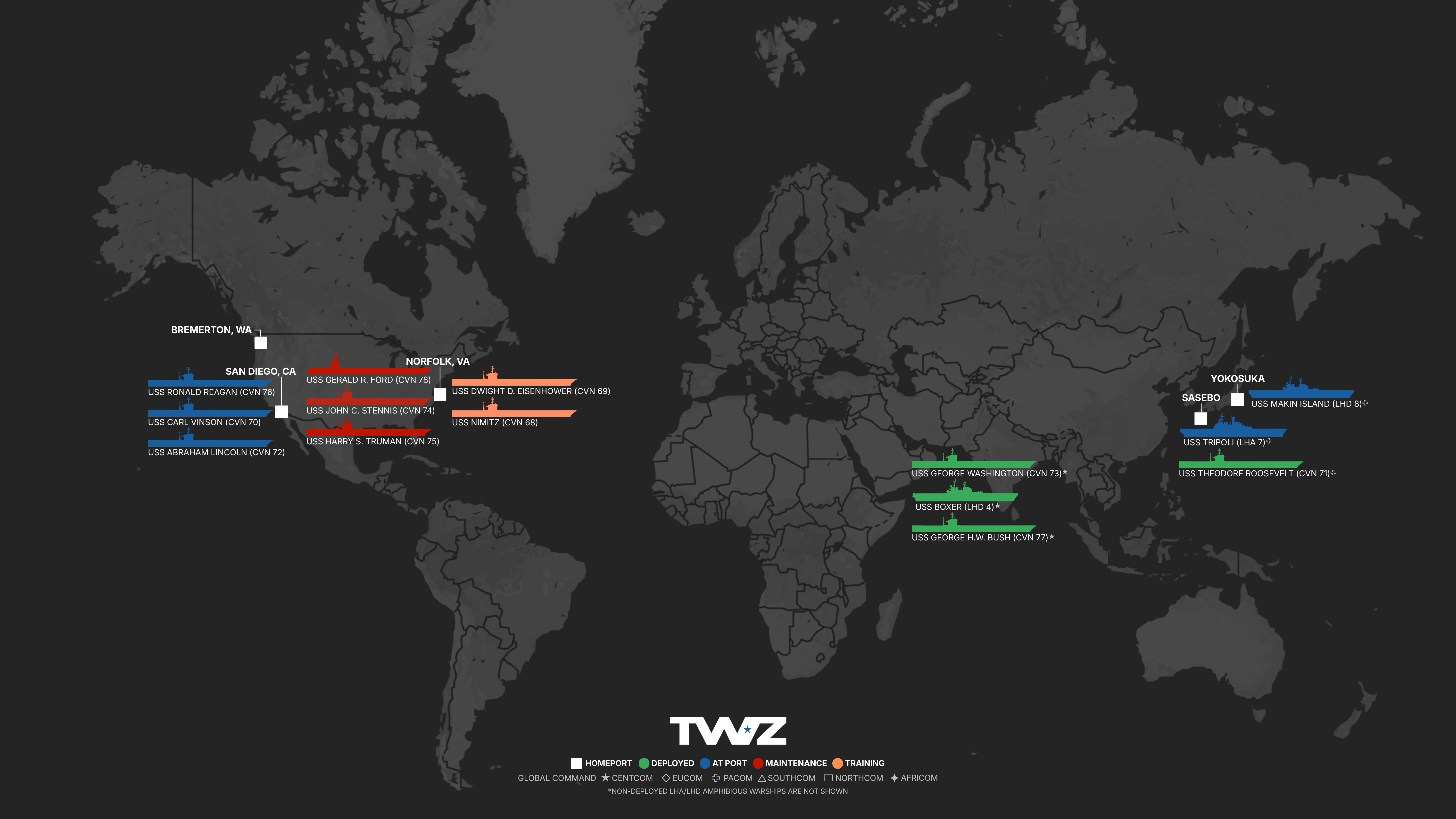 A custom visualization of America's fleet of 11 aircraft carriers and amphibious ready groups around the world. Created by Ian Ellis-Jones/TWZ.