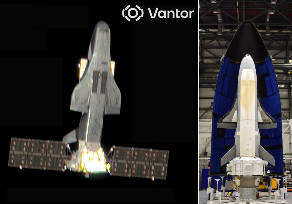A side-by-side comparison of the on-orbit shot of the experimental Chinese reusable spaceplane (at left) and a U.S. X-37B fitted with an extended payload module being prepared for launch (at right). Vantor/U.S. Space Force