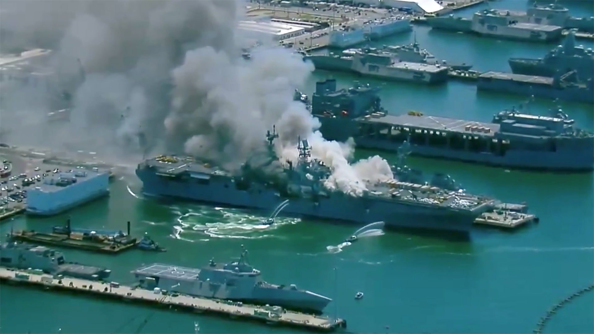 Amphibious Assault Ship USS Bonhomme Richard Is On Fire At Naval 