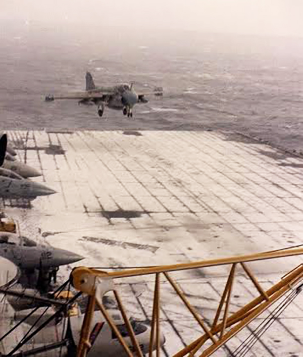 A-6E landing aboard the USS Carl Vinson after a snow storm in 1987.